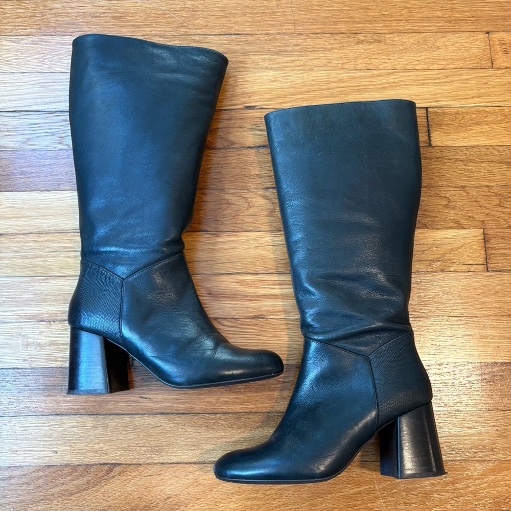 Ted&Muffy Black Leather Wide Black Heeled Boots